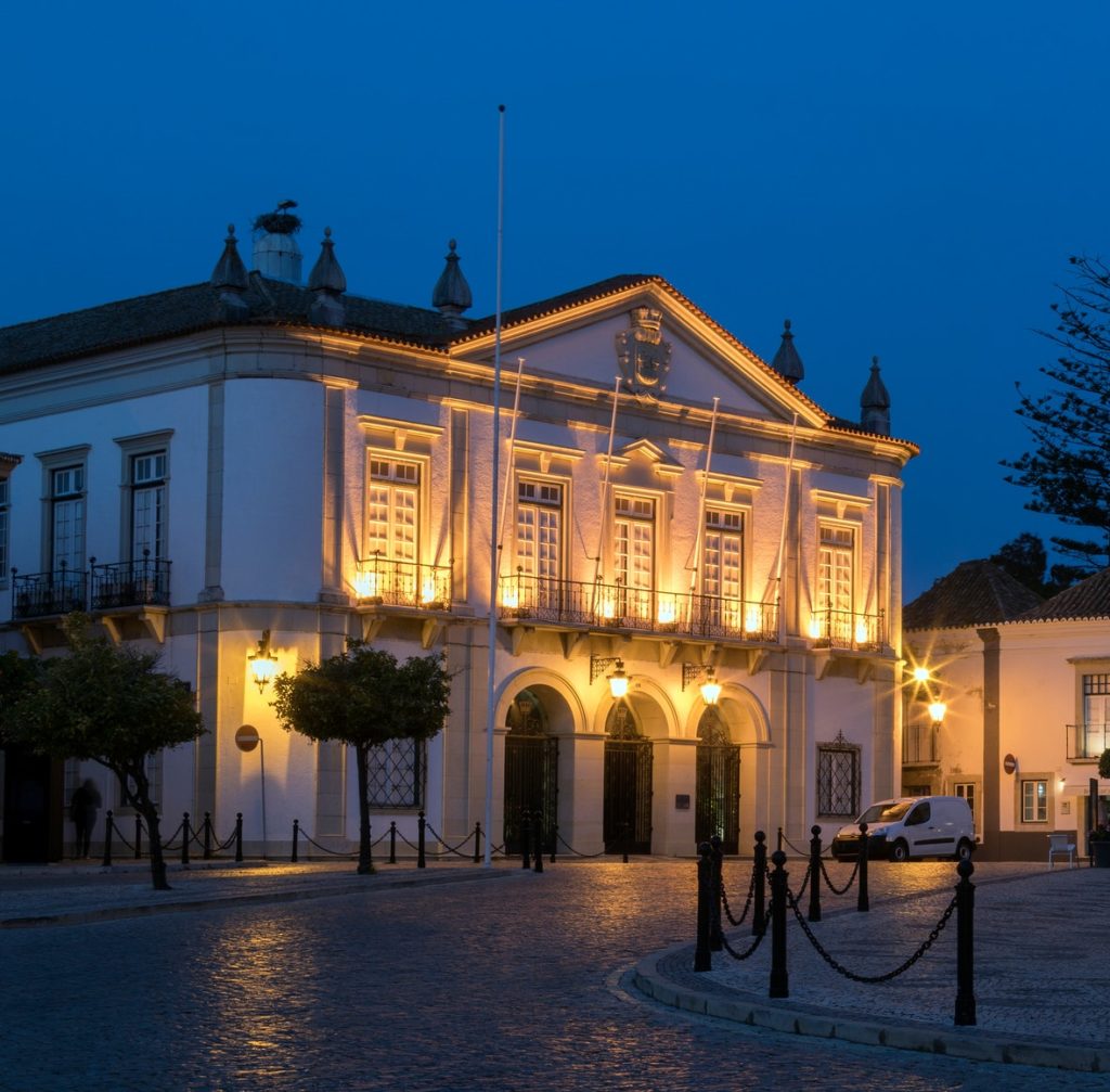 Evening view of the Camara Municipal of Faro in the city of Faro on the Algarve in southern Portugal